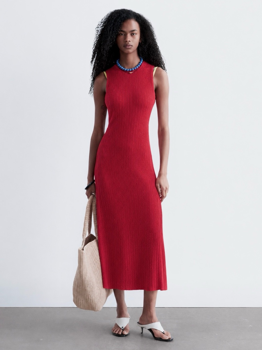 UNIQLO Red Ribbed Knit Sleeveless Maxi Dress, size S